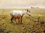 A Mare and her Foal in a Landscape by Alfred von Kowalski Wierusz